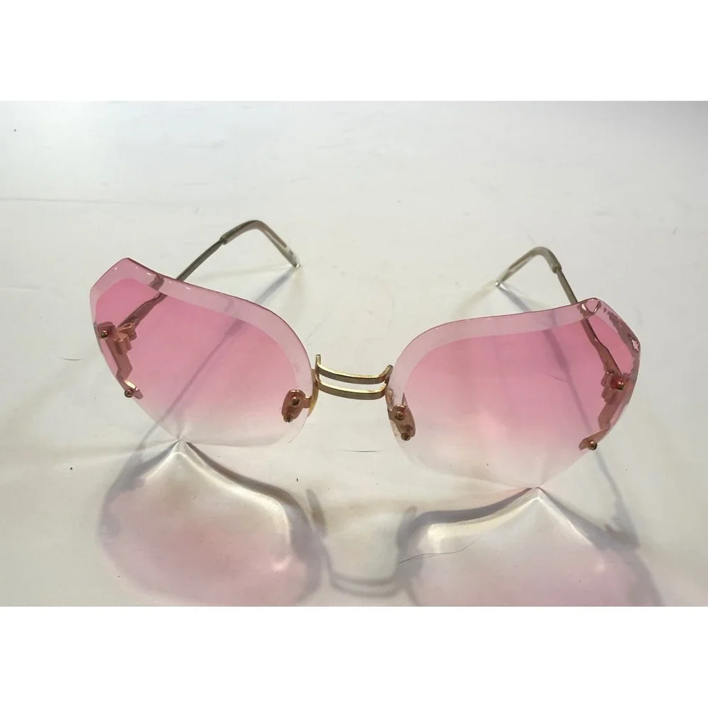 Vintage Rimless Pink Gradient Octagon Sunglasses Gold Metal Y2K Taiwan